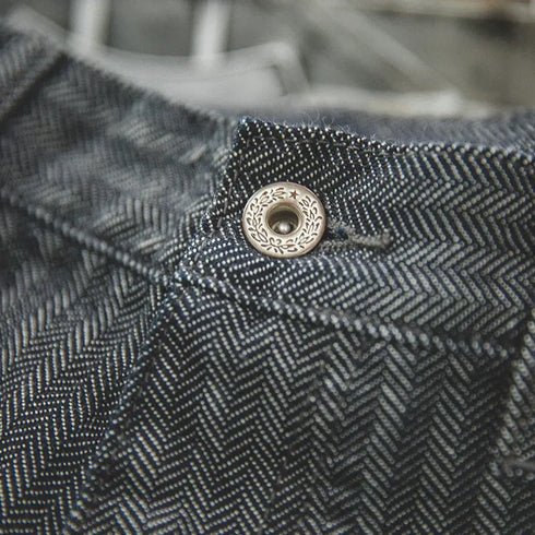 Retro 12.8oz Grey Striped Jeans – Men’s Straight Fit Herringbone Trousers with Pockets